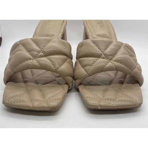 ZARA Neutral Nude Quilted 1 Band Square Toe Block 3” Heels EUC Sz 39 / 8 Tan - Picture 8 of 10